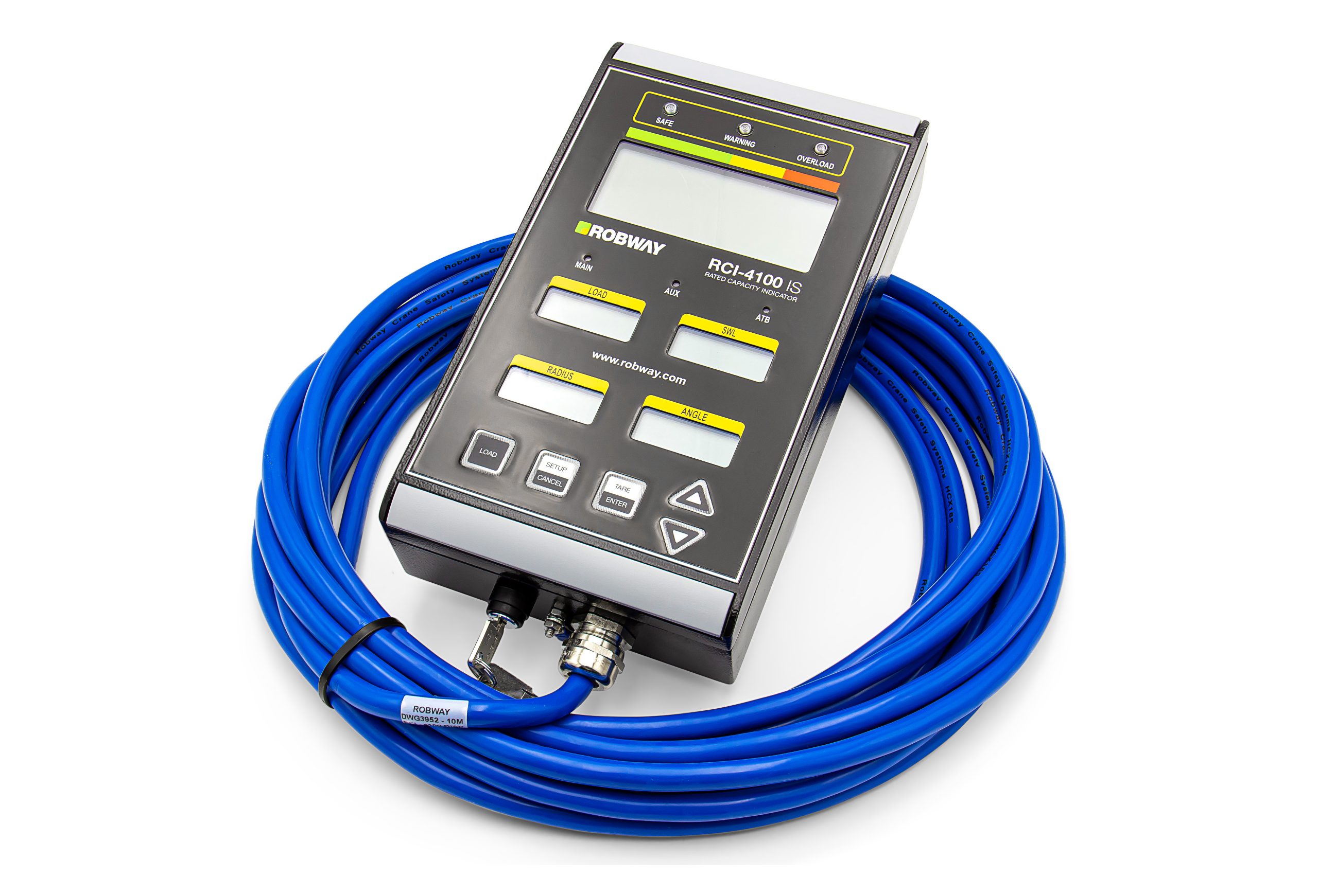 Robway RCI-4100 rated capacity indicator with a Reid graphic overlay and membrane keypad, connected by a blue cable