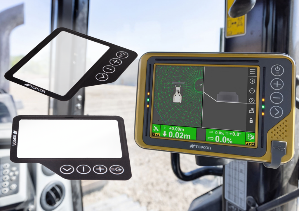 Topcon agricultural GPS display with custom touchscreen protector overlays