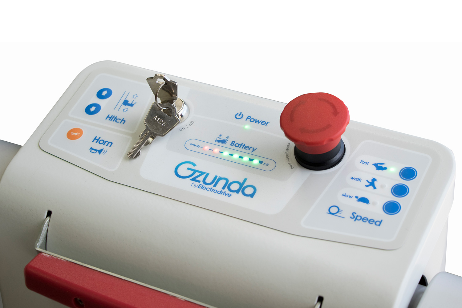 Graphic overlay control panel on an Electrodrive Gzunda powered tug, with key switch, emergency-stop and LED battery indicator