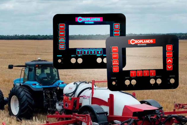 Croplands HV4000 backlit membrane keypads with red and blue illuminated buttons