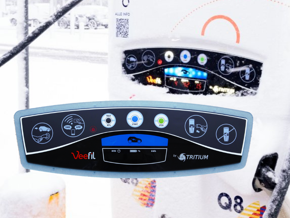 Veefil EV charger HMI console with transparent backlighting sections
